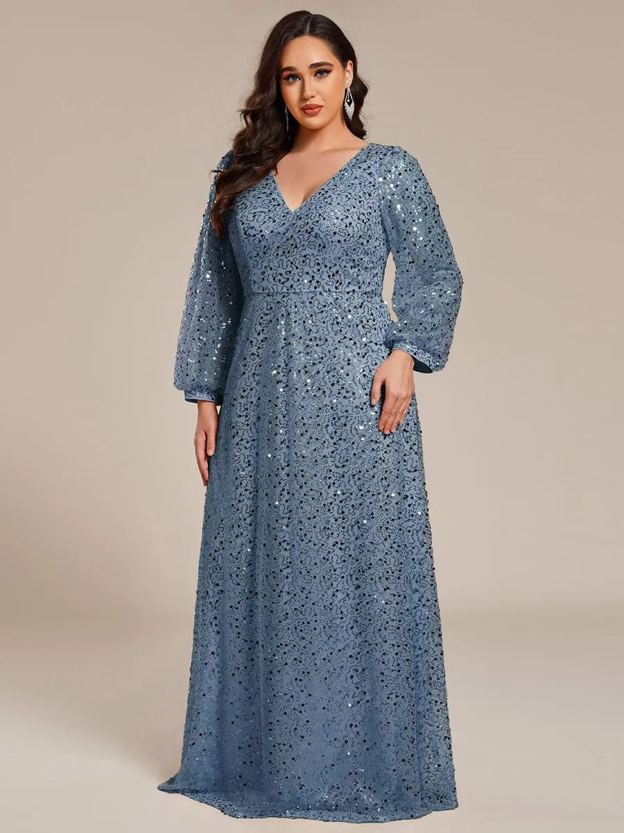 Robe de soirée trapèze à paillettes col en V manches longues et paillettes