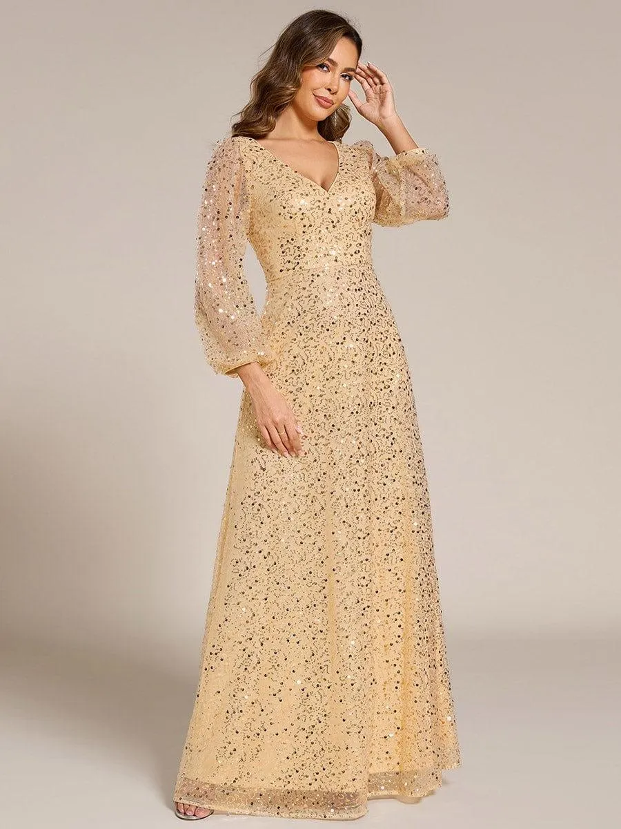 Robe de soirée trapèze à paillettes col en V manches longues et paillettes