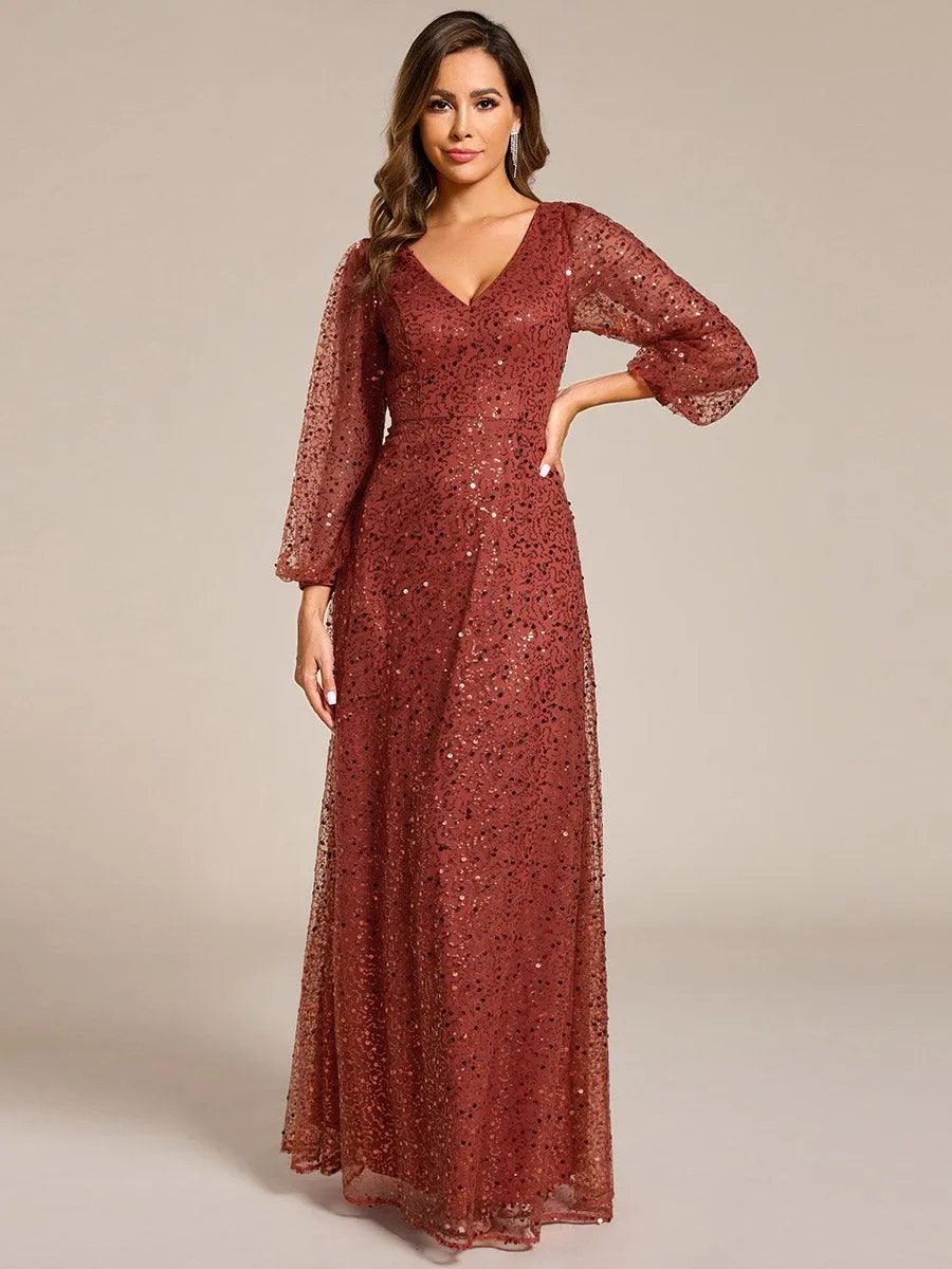 Robe de soirée trapèze à paillettes col en V manches longues et paillettes