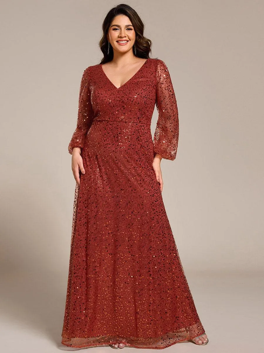 Robe de soirée trapèze à paillettes col en V manches longues et paillettes