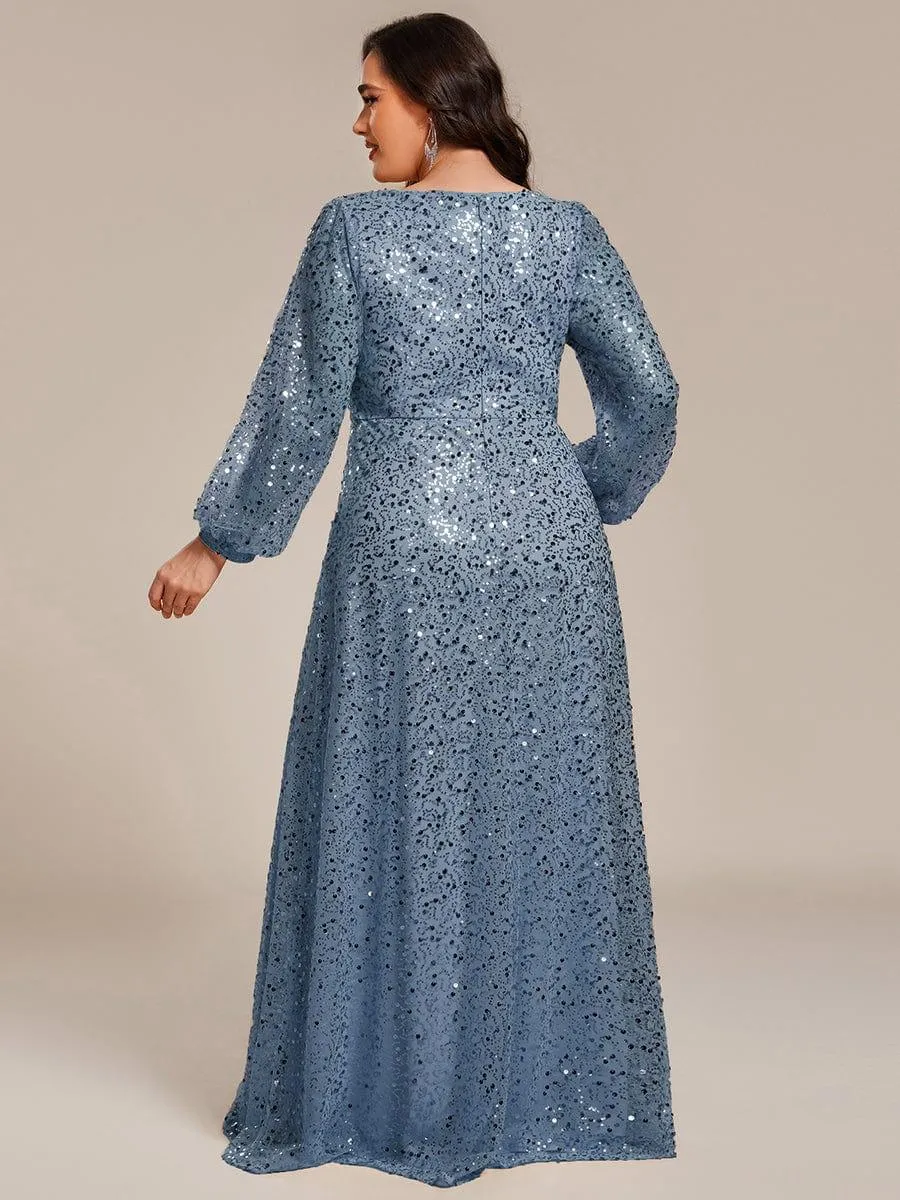 Robe de soirée trapèze à paillettes col en V manches longues et paillettes