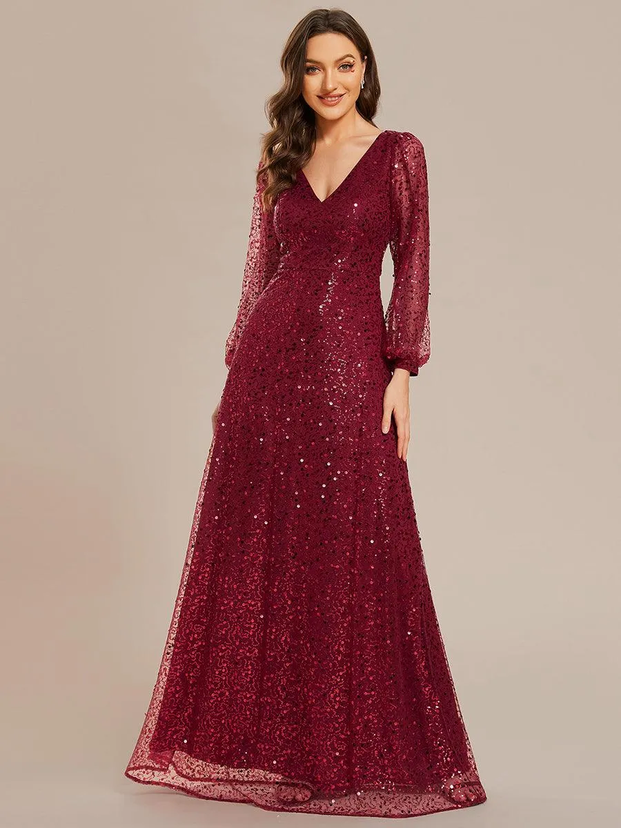Robe de soirée trapèze à paillettes col en V manches longues et paillettes