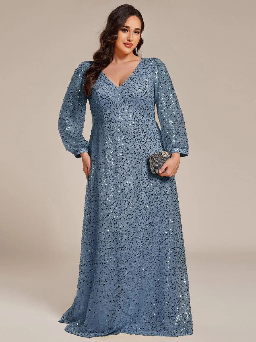 Robe de soirée trapèze à paillettes col en V manches longues et paillettes