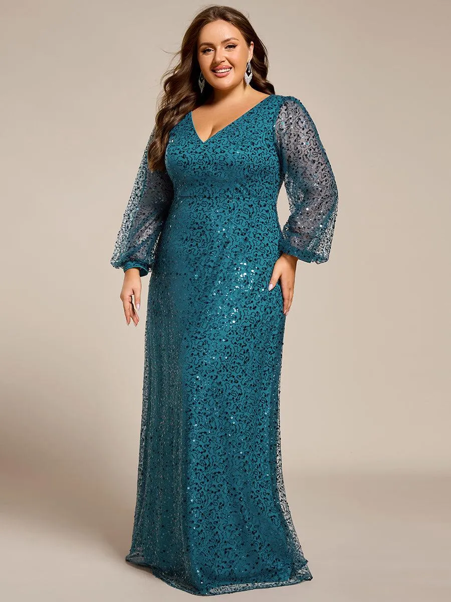 Robe de soirée trapèze à paillettes col en V manches longues et paillettes