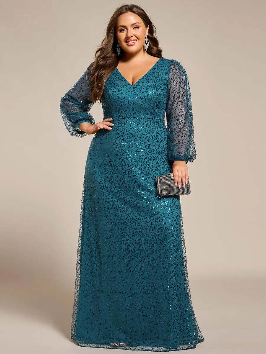 Robe de soirée trapèze à paillettes col en V manches longues et paillettes