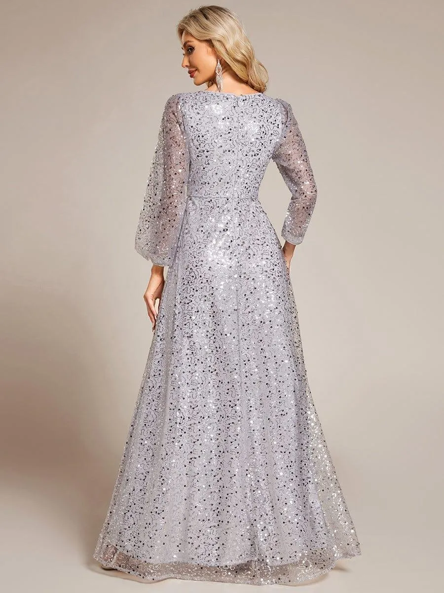 Robe de soirée trapèze à paillettes col en V manches longues et paillettes