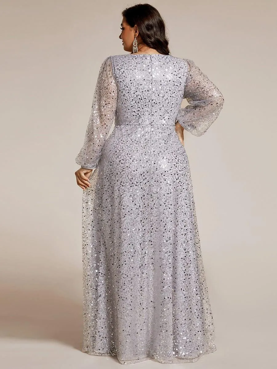 Robe de soirée trapèze à paillettes col en V manches longues et paillettes