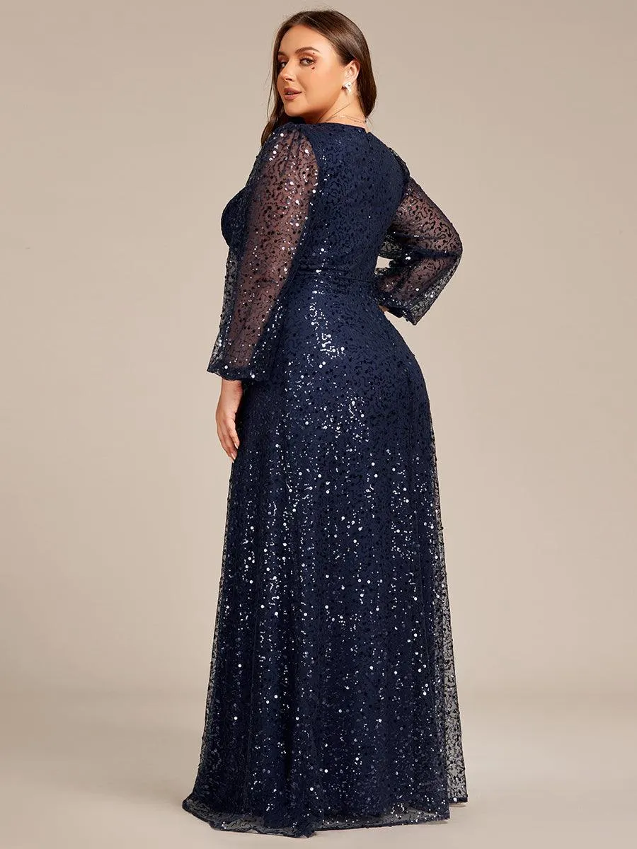 Robe de soirée trapèze à paillettes col en V manches longues et paillettes