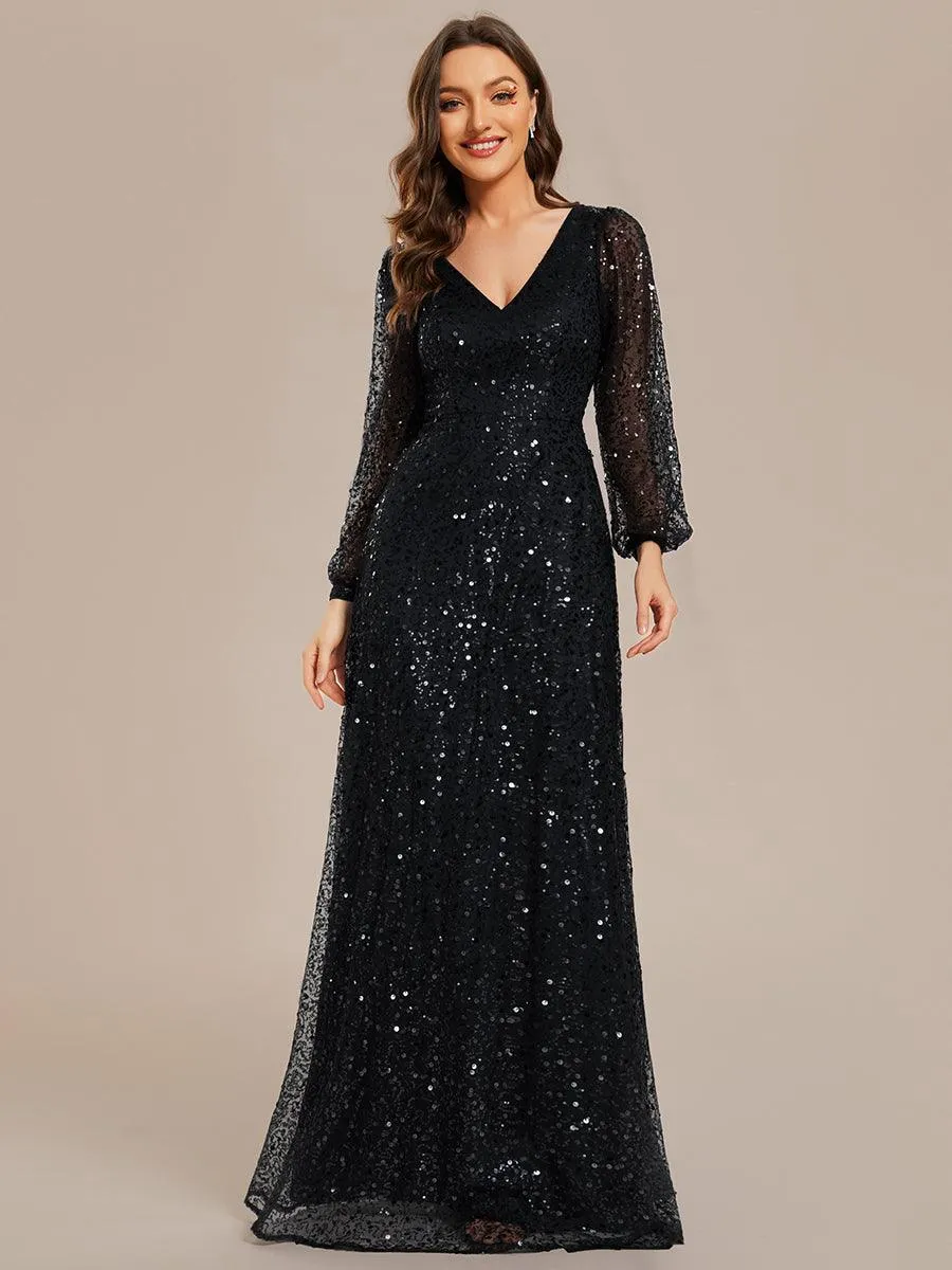 Robe de soirée trapèze à paillettes col en V manches longues et paillettes