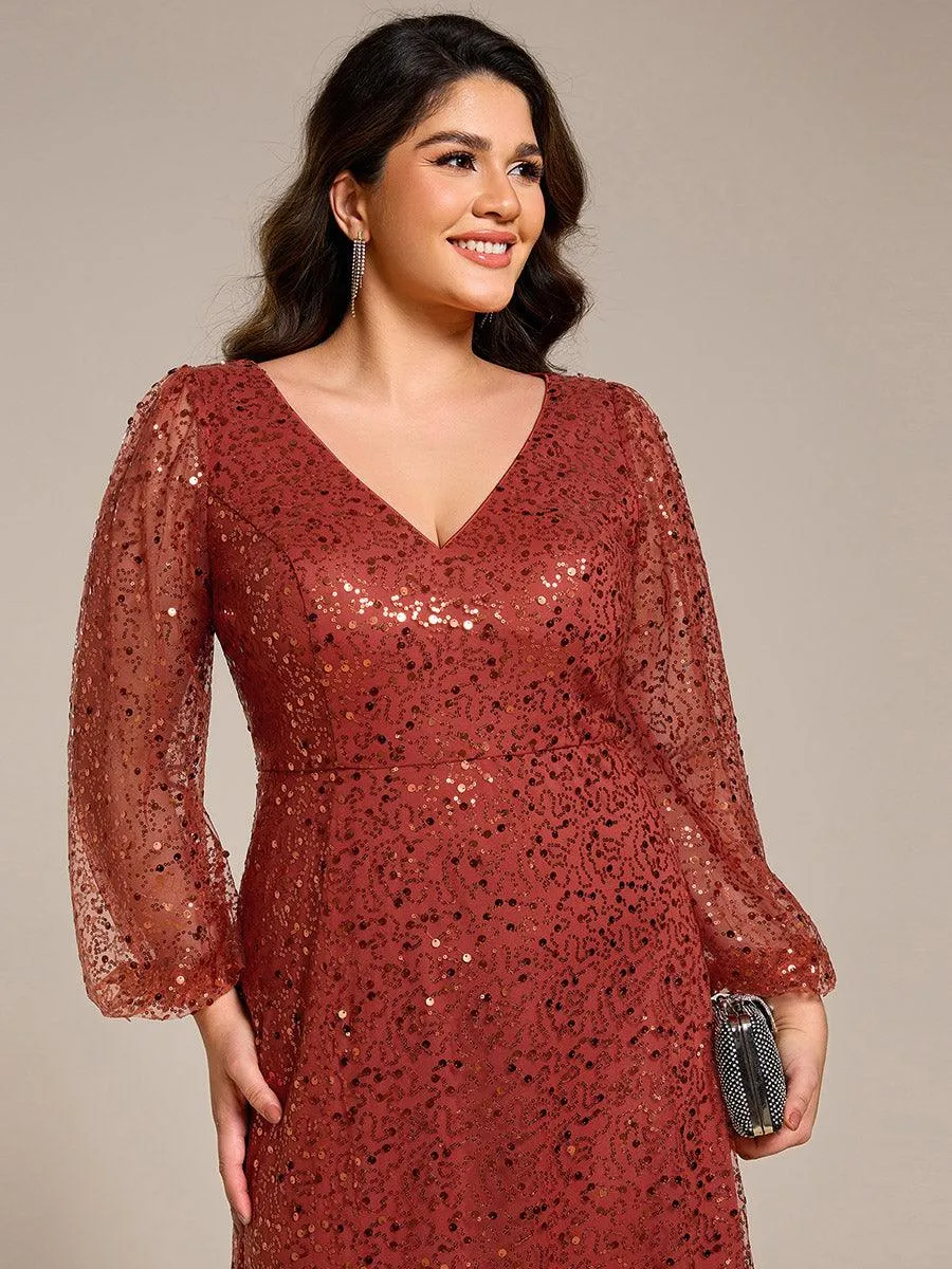 Robe de soirée trapèze à paillettes col en V manches longues et paillettes