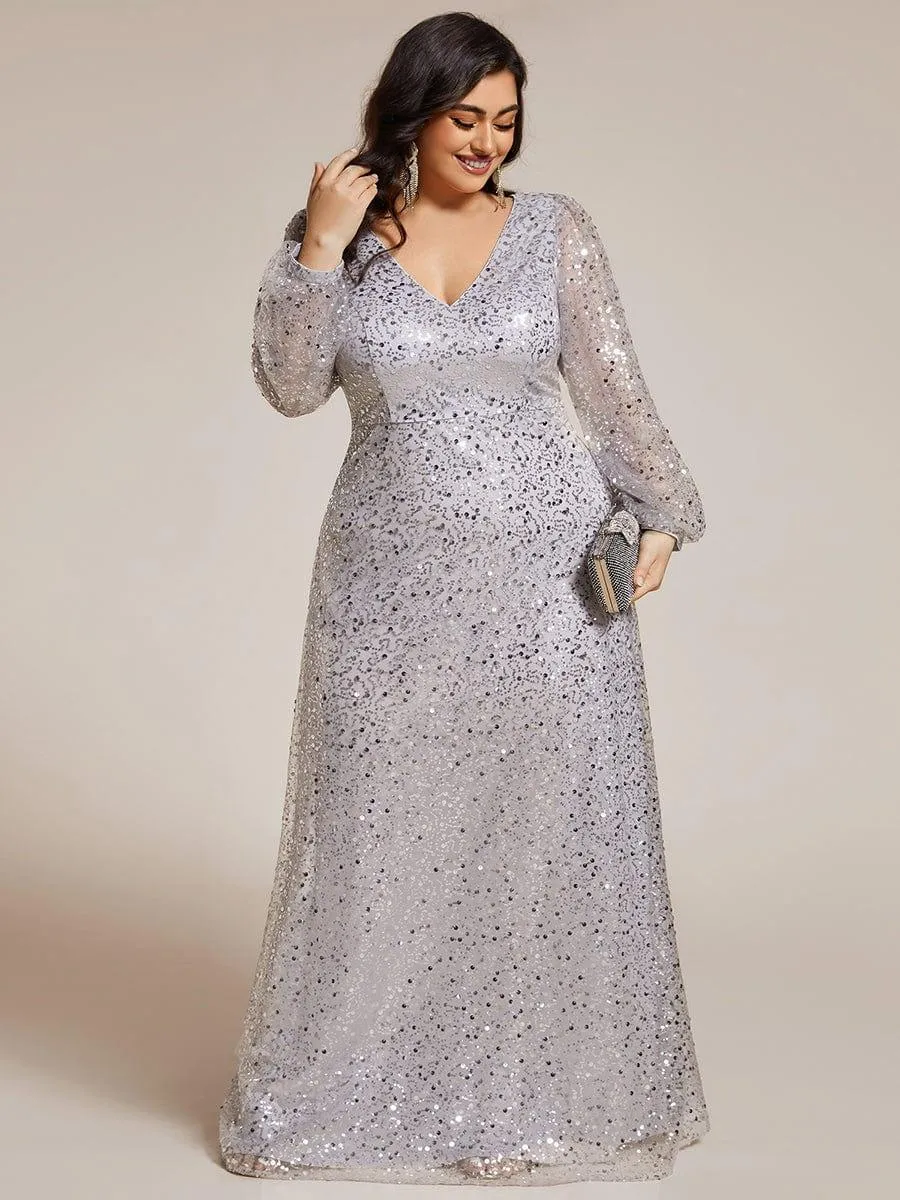 Robe de soirée trapèze à paillettes col en V manches longues et paillettes