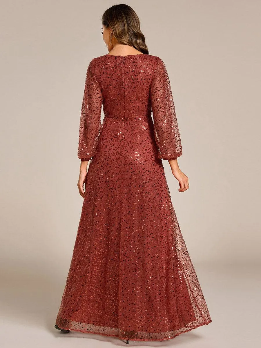 Robe de soirée trapèze à paillettes col en V manches longues et paillettes