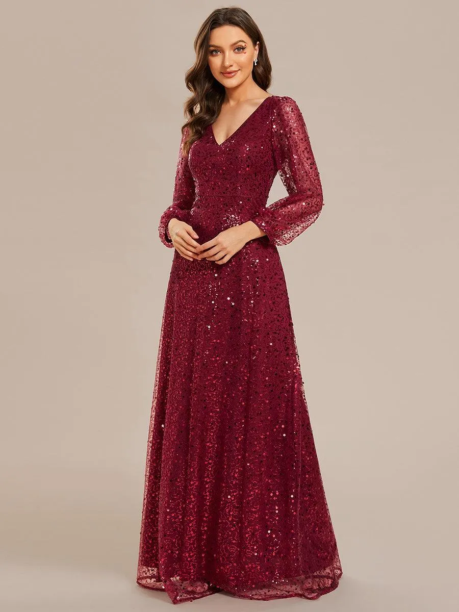 Robe de soirée trapèze à paillettes col en V manches longues et paillettes
