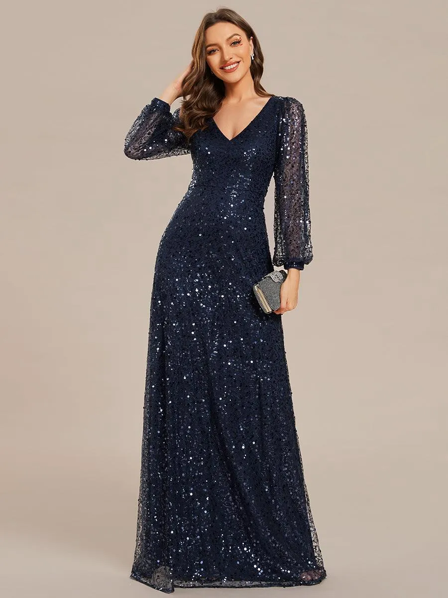 Robe de soirée trapèze à paillettes col en V manches longues et paillettes
