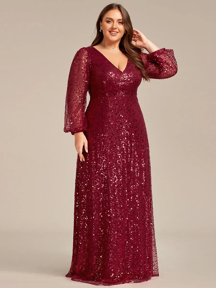 Robe de soirée trapèze à paillettes col en V manches longues et paillettes