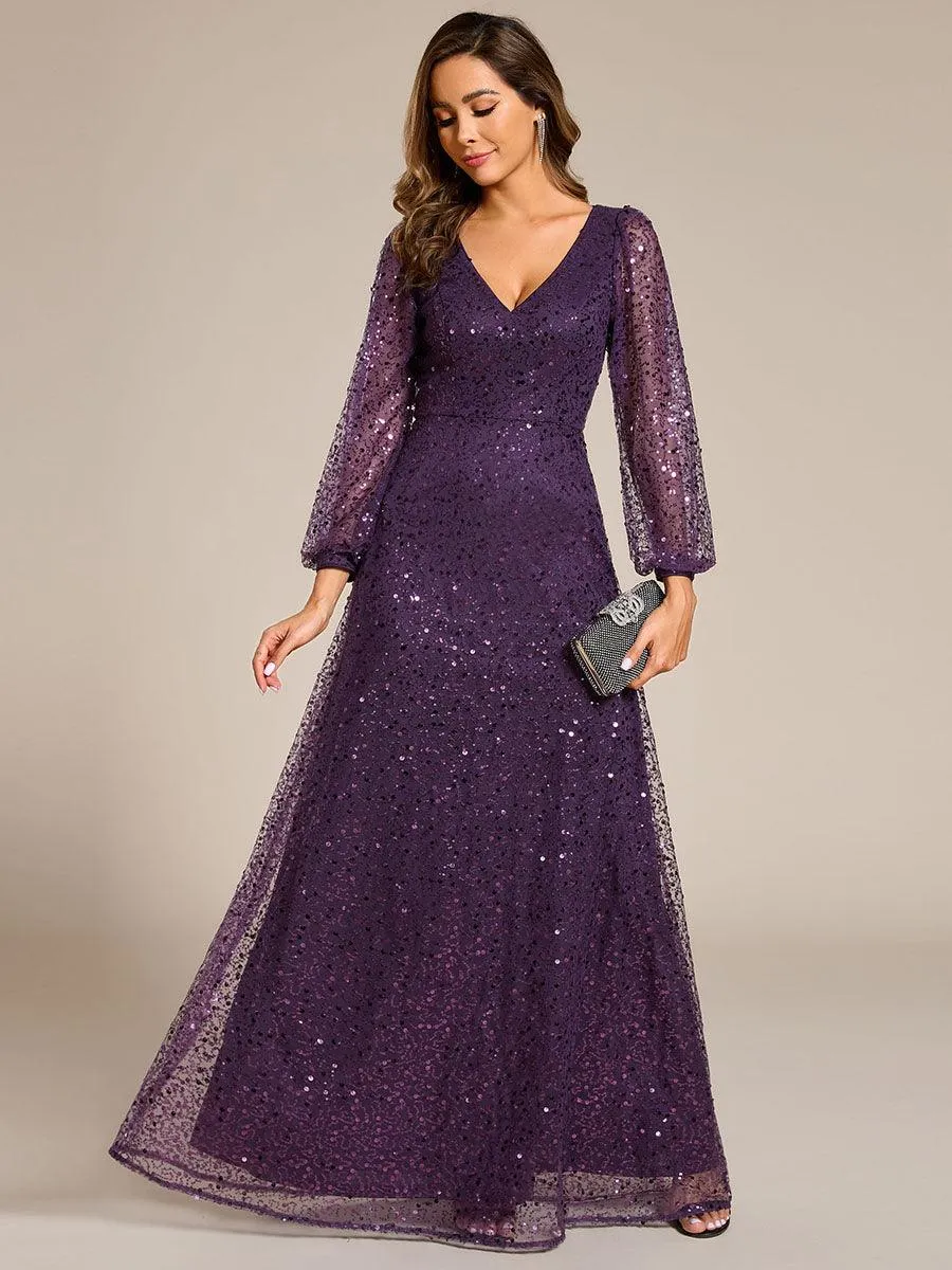 Robe de soirée trapèze à paillettes col en V manches longues et paillettes