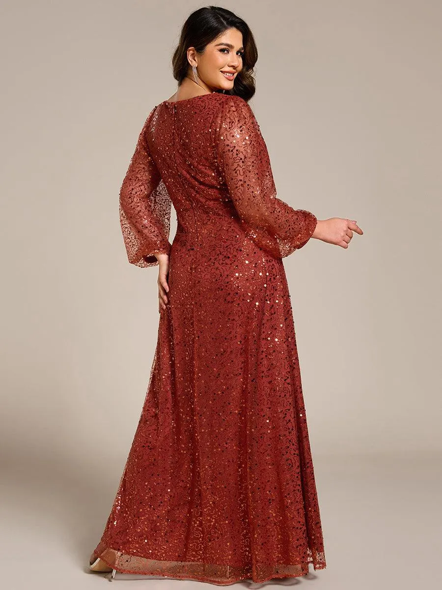 Robe de soirée trapèze à paillettes col en V manches longues et paillettes