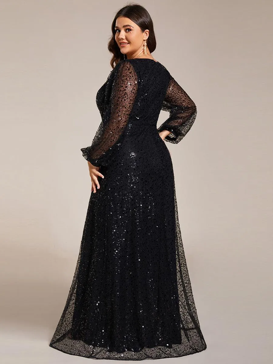 Robe de soirée trapèze à paillettes col en V manches longues et paillettes
