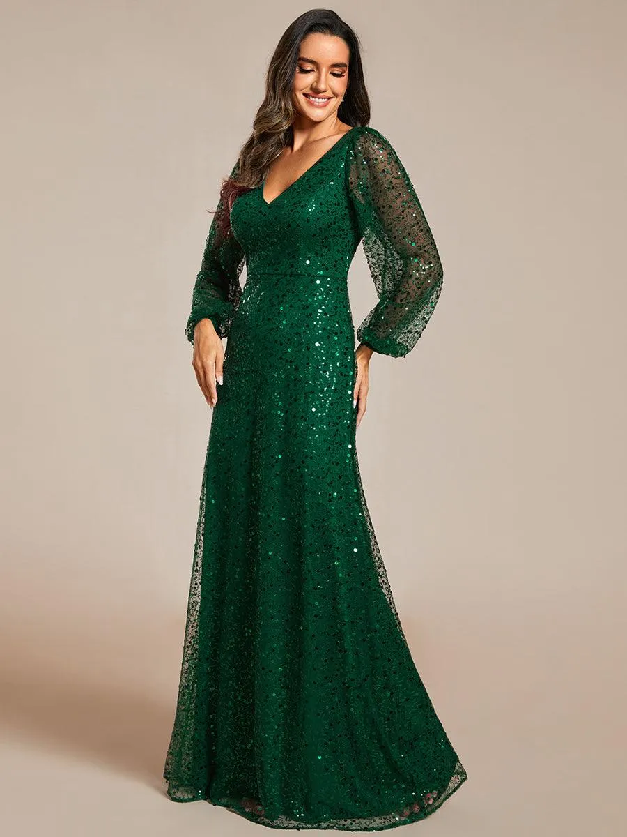 Robe de soirée trapèze à paillettes col en V manches longues et paillettes