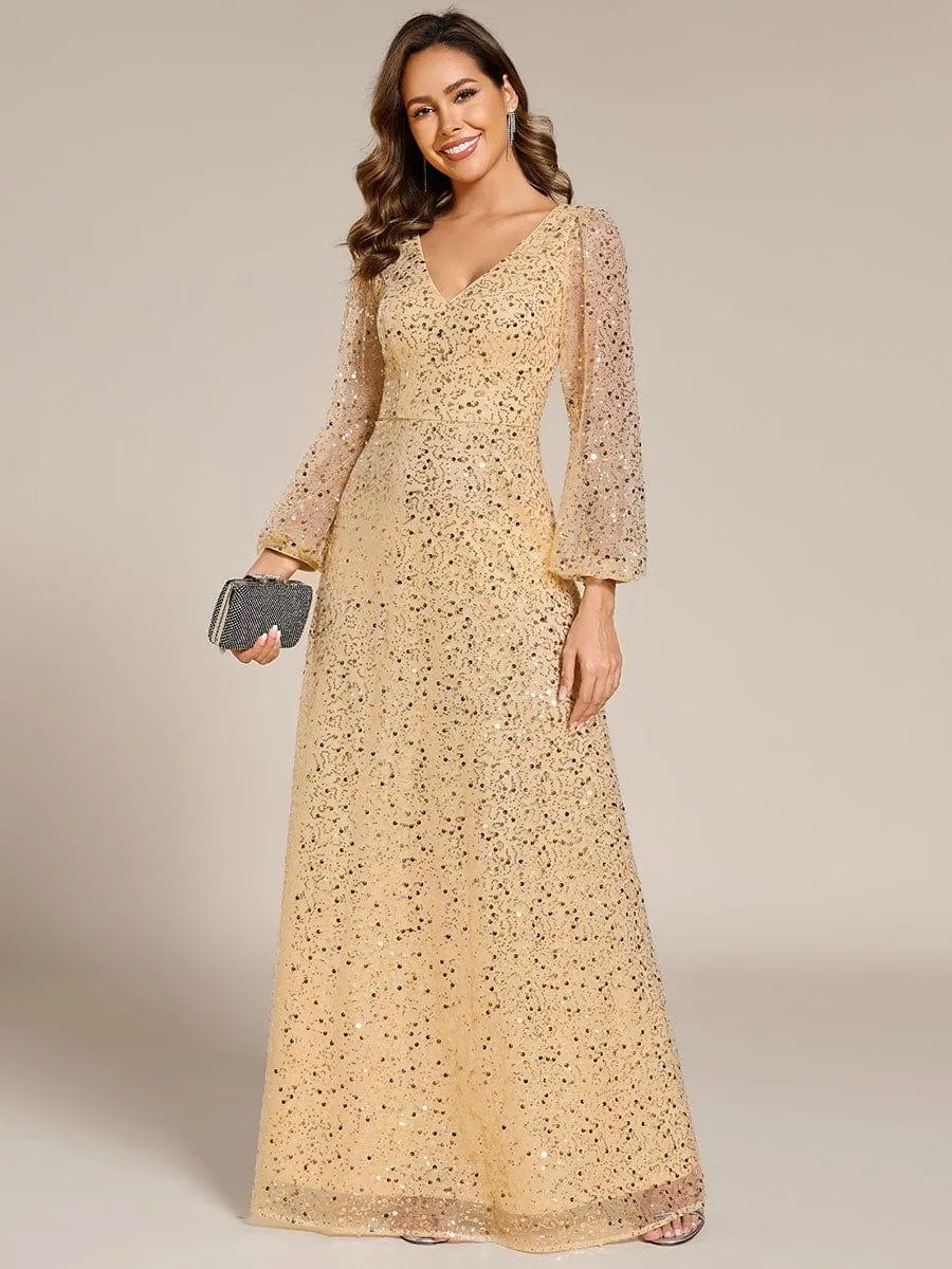 Robe de soirée trapèze à paillettes col en V manches longues et paillettes