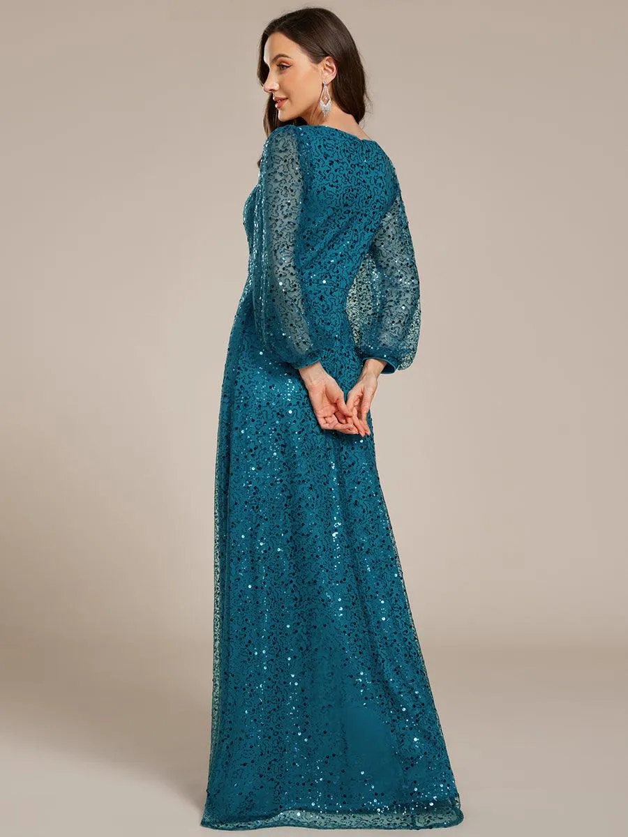 Robe de soirée trapèze à paillettes col en V manches longues et paillettes