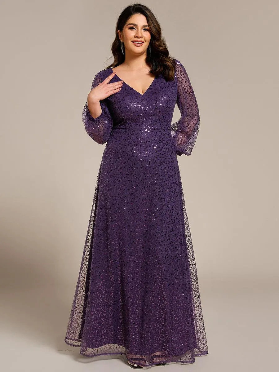 Robe de soirée trapèze à paillettes col en V manches longues et paillettes