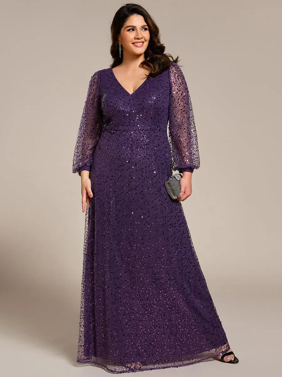 Robe de soirée trapèze à paillettes col en V manches longues et paillettes