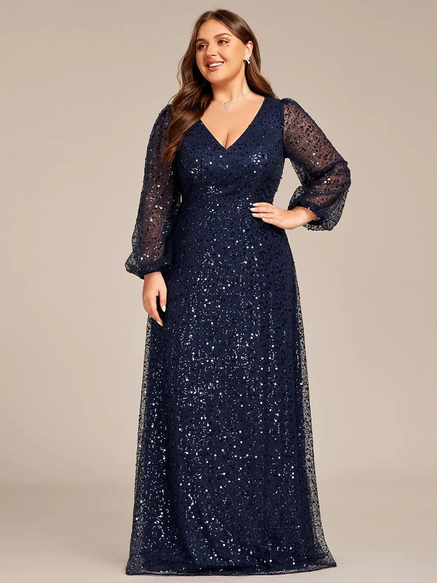 Robe de soirée trapèze à paillettes col en V manches longues et paillettes