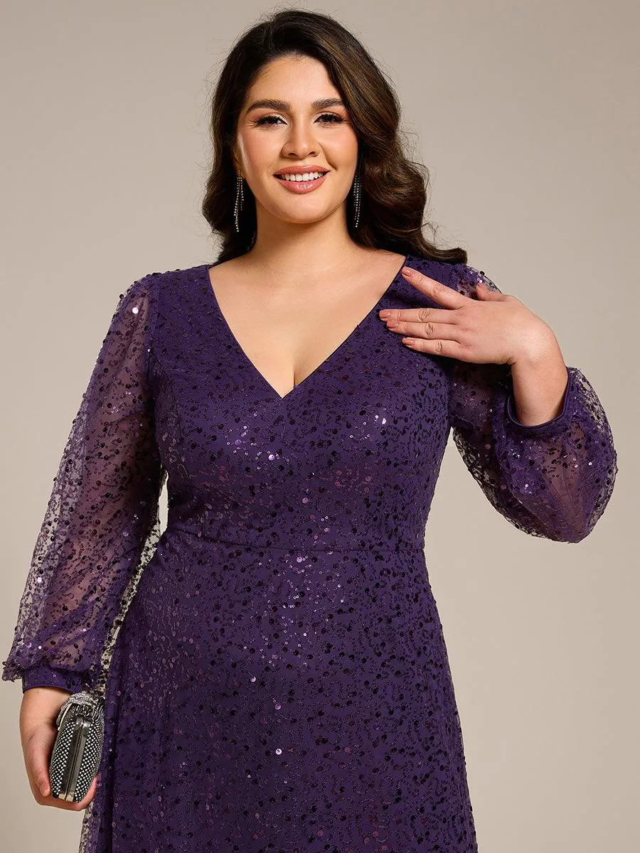 Robe de soirée trapèze à paillettes col en V manches longues et paillettes