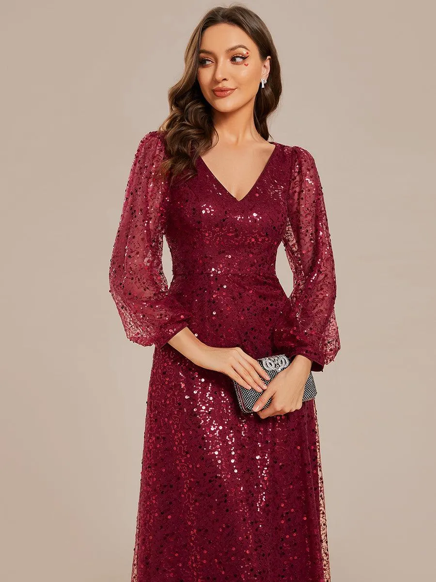 Robe de soirée trapèze à paillettes col en V manches longues et paillettes