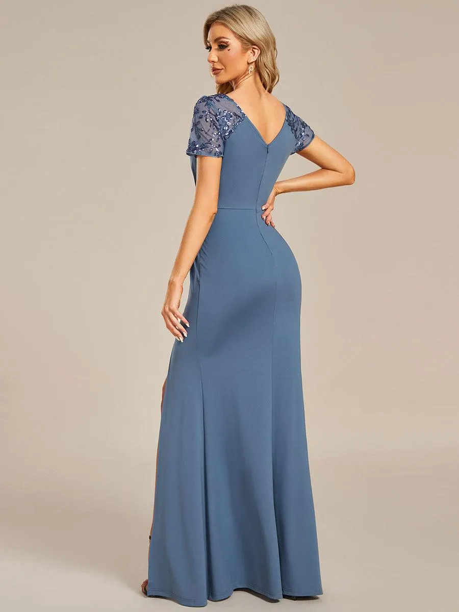 Robe Mère de la mariée Manches courtes Encolure V profonde Fente sur le devant