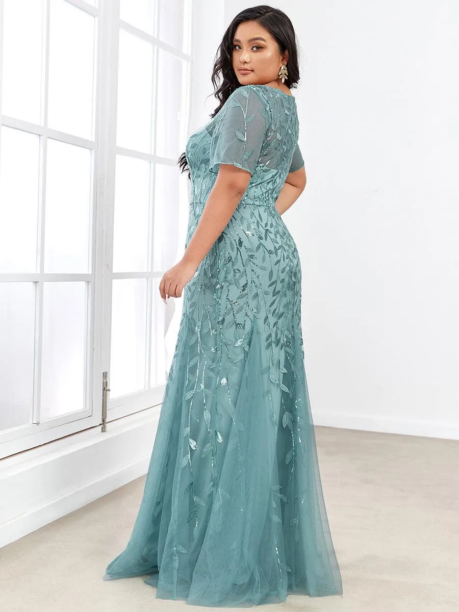 Robe Sirène Grande Taille en Tulle à Imprimé Floral et Paillettes