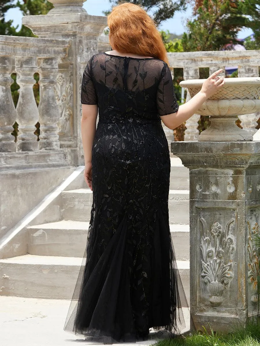Robe Sirène Grande Taille en Tulle à Imprimé Floral et Paillettes