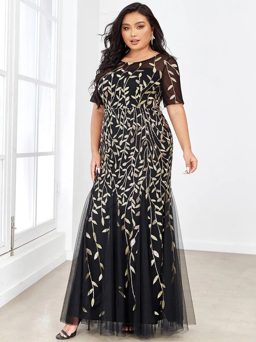 Robe Sirène Grande Taille en Tulle à Imprimé Floral et Paillettes