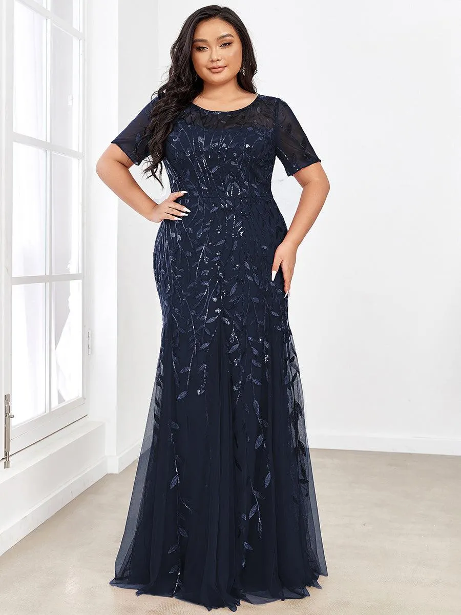 Robe Sirène Grande Taille en Tulle à Imprimé Floral et Paillettes
