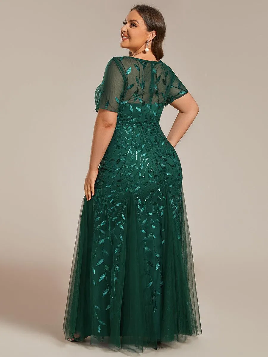 Robe Sirène Grande Taille en Tulle à Imprimé Floral et Paillettes