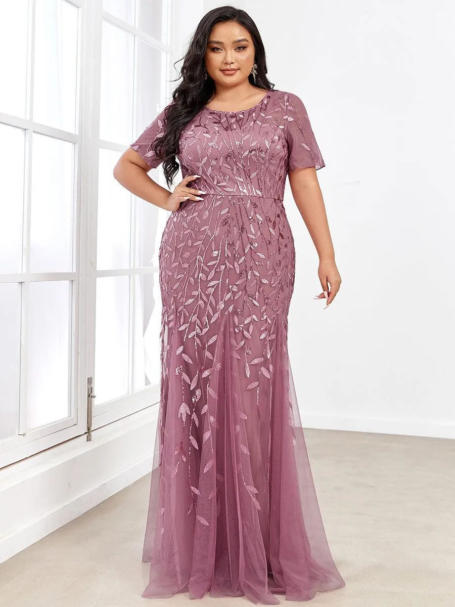 Robe Sirène Grande Taille en Tulle à Imprimé Floral et Paillettes