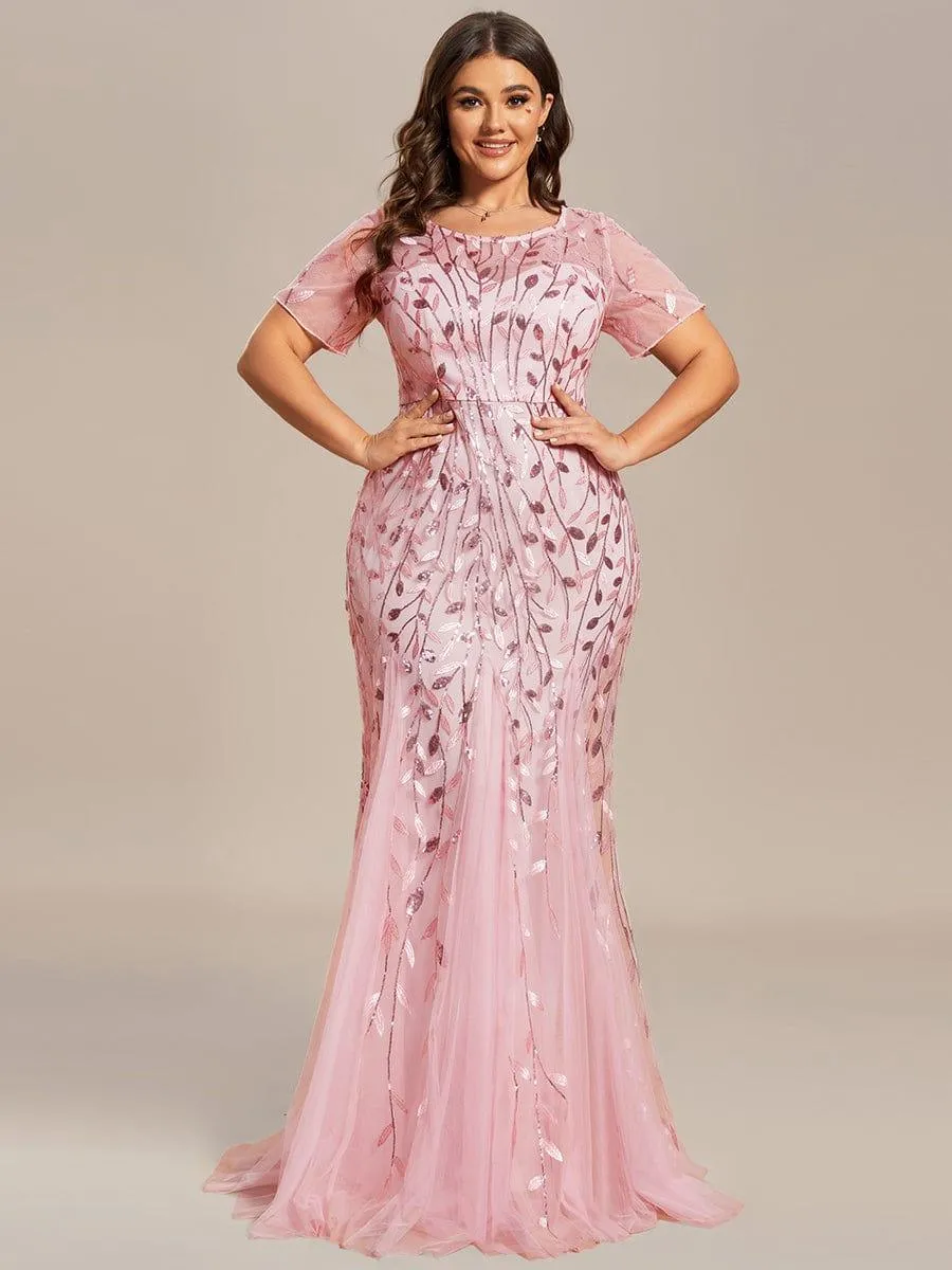 Robe Sirène Grande Taille en Tulle à Imprimé Floral et Paillettes