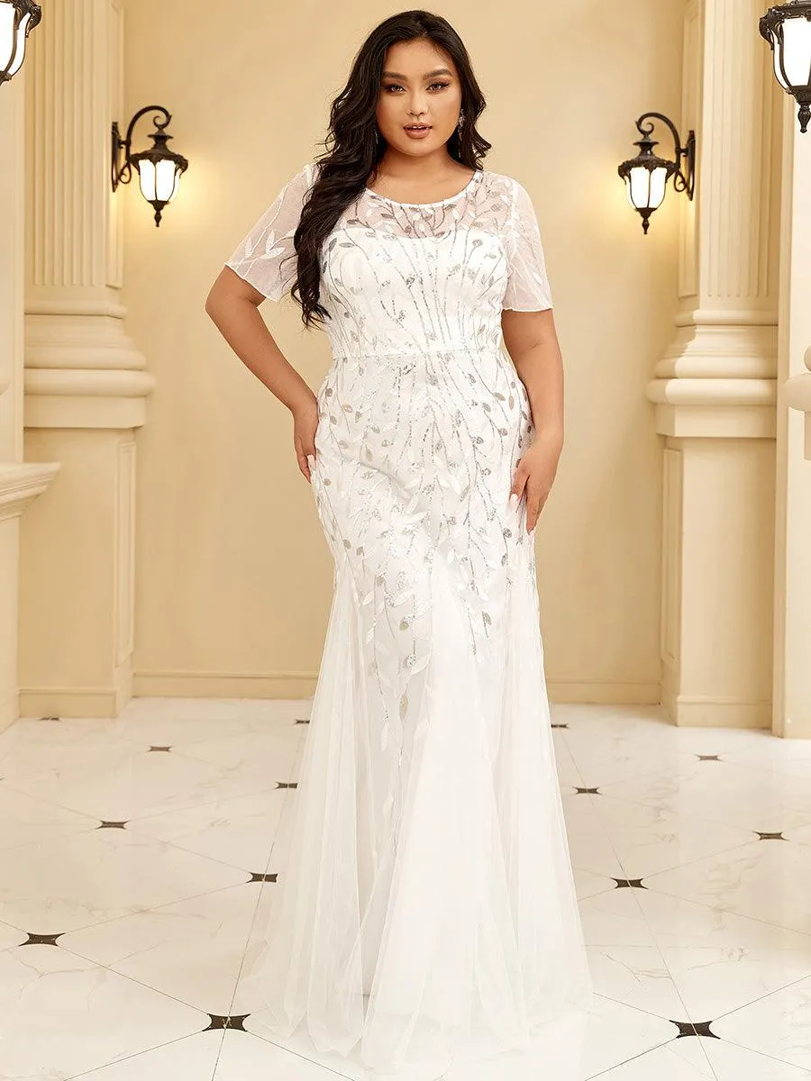 Robe Sirène Grande Taille en Tulle à Imprimé Floral et Paillettes
