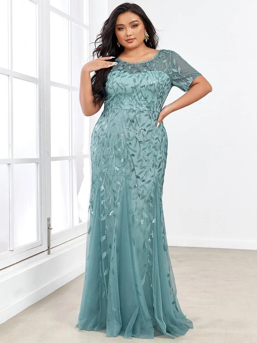 Robe Sirène Grande Taille en Tulle à Imprimé Floral et Paillettes