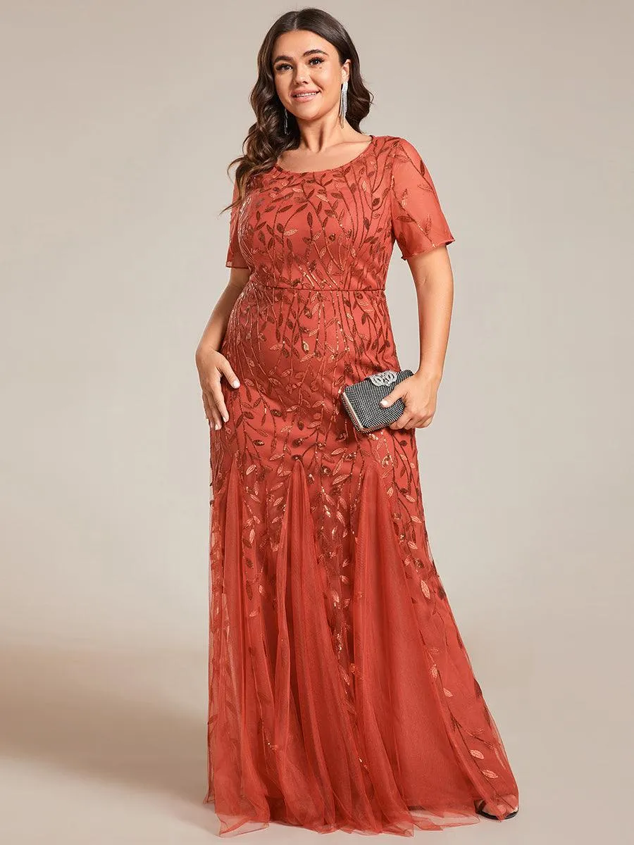 Robe Sirène Grande Taille en Tulle à Imprimé Floral et Paillettes