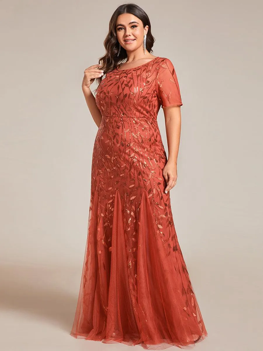 Robe Sirène Grande Taille en Tulle à Imprimé Floral et Paillettes