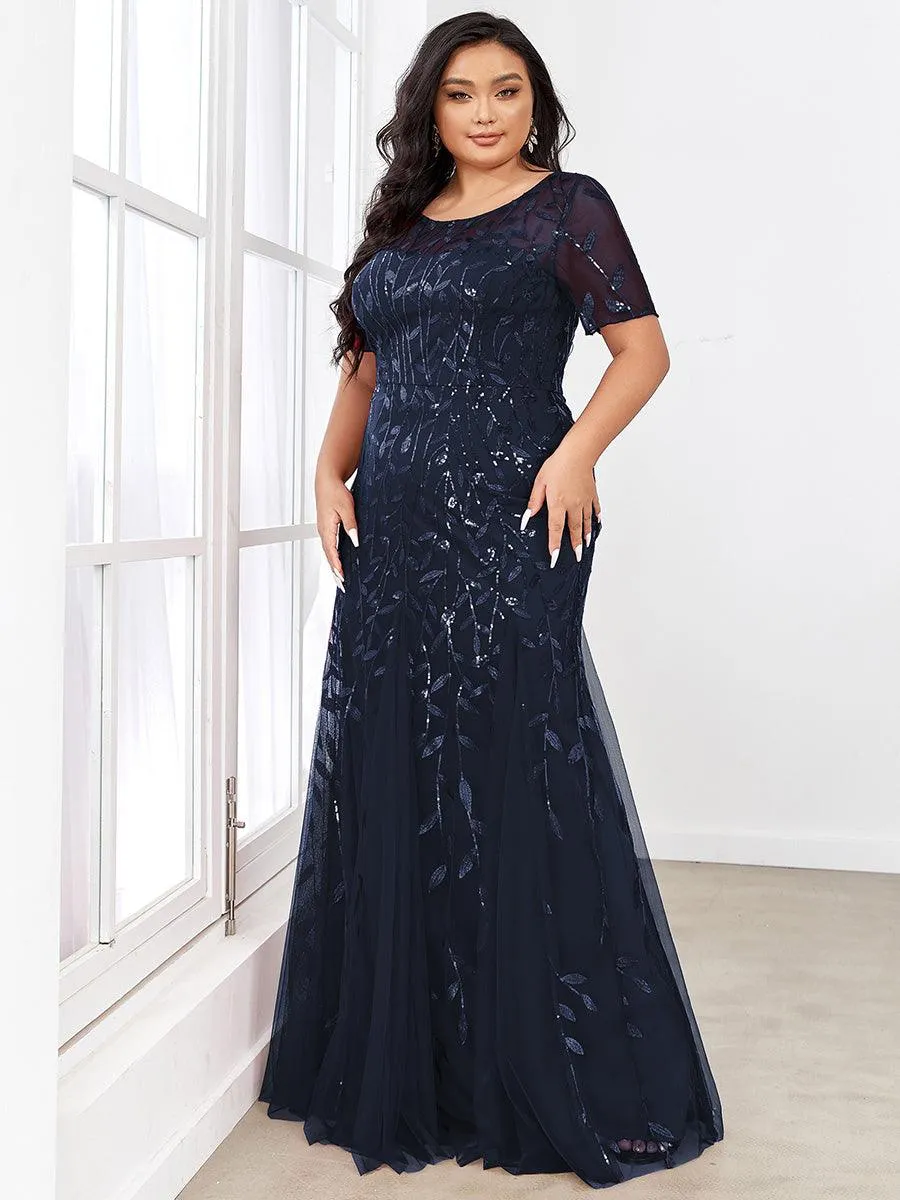 Robe Sirène Grande Taille en Tulle à Imprimé Floral et Paillettes