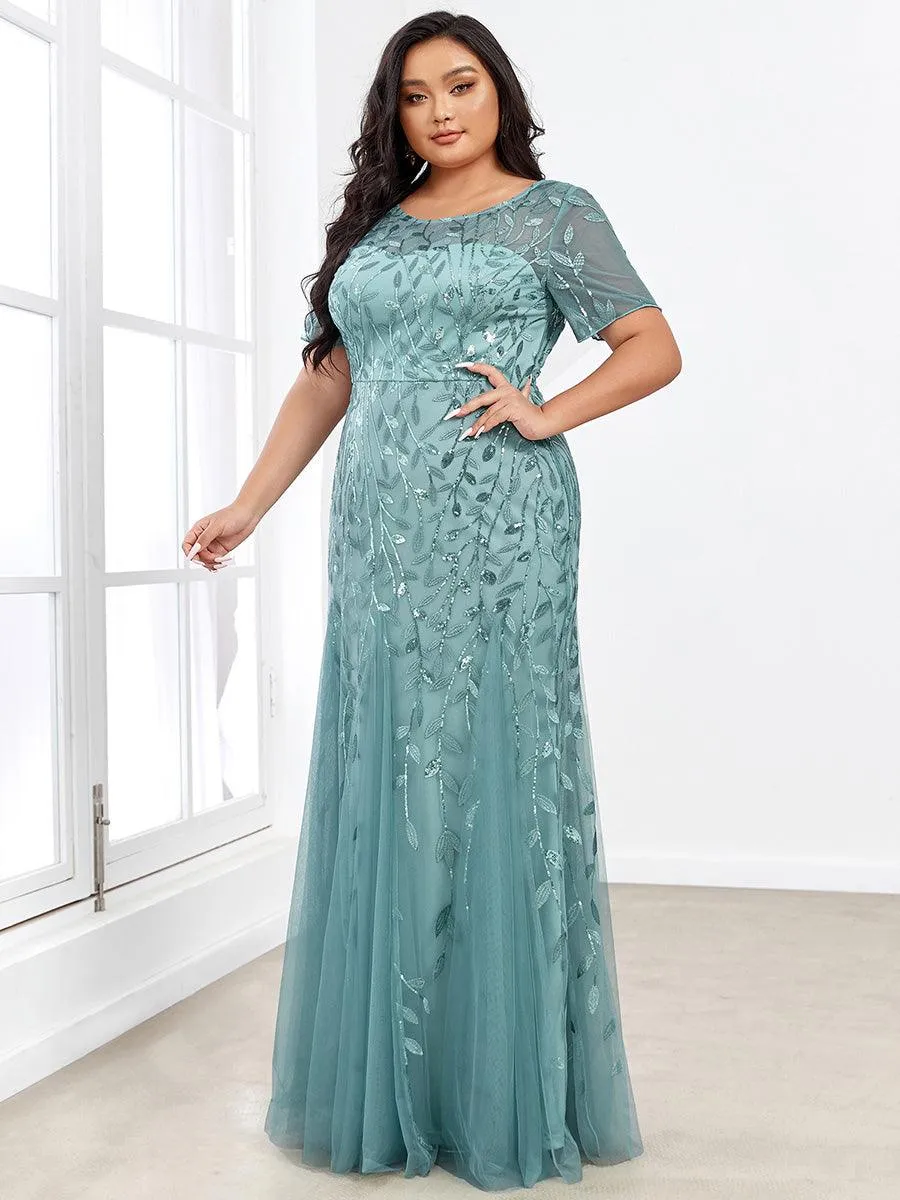 Robe Sirène Grande Taille en Tulle à Imprimé Floral et Paillettes