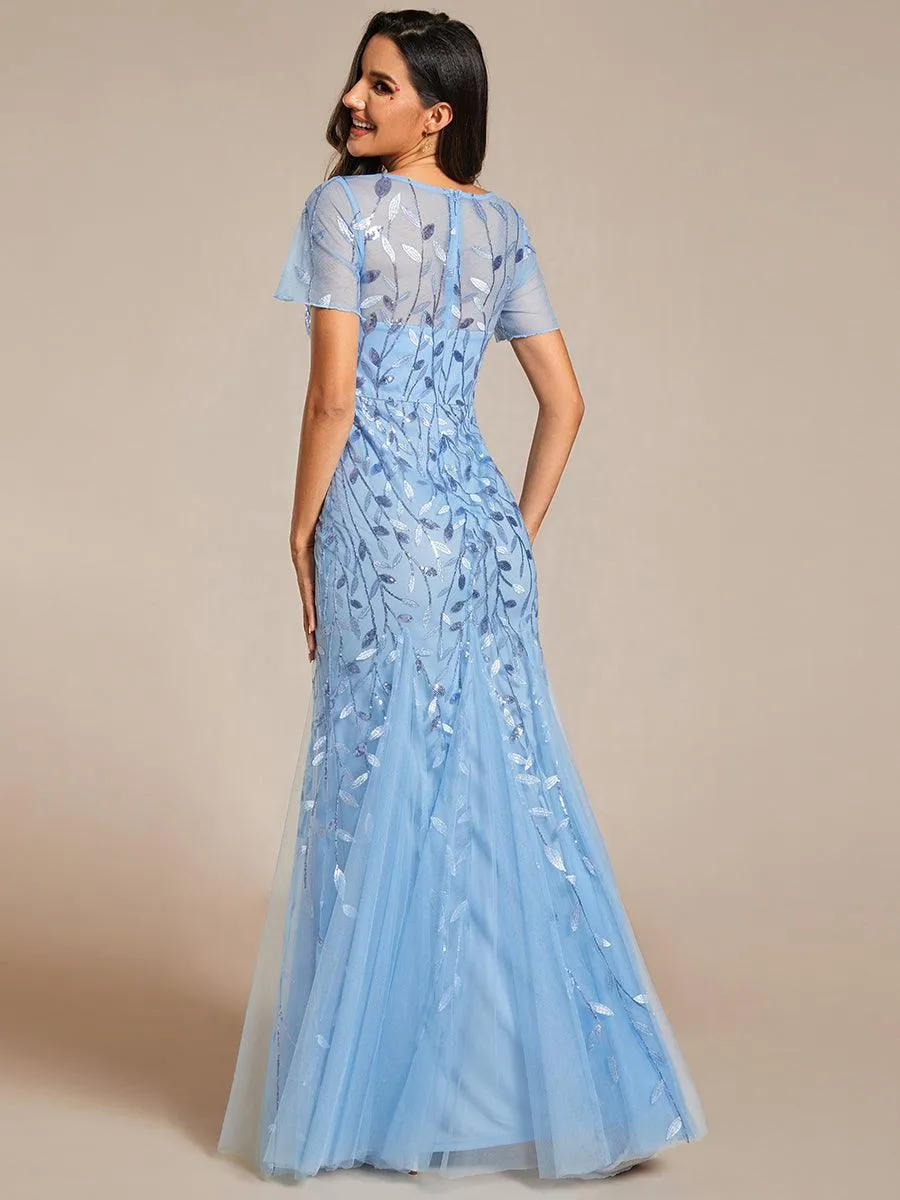 Robe Sirène Grande Taille en Tulle à Imprimé Floral et Paillettes