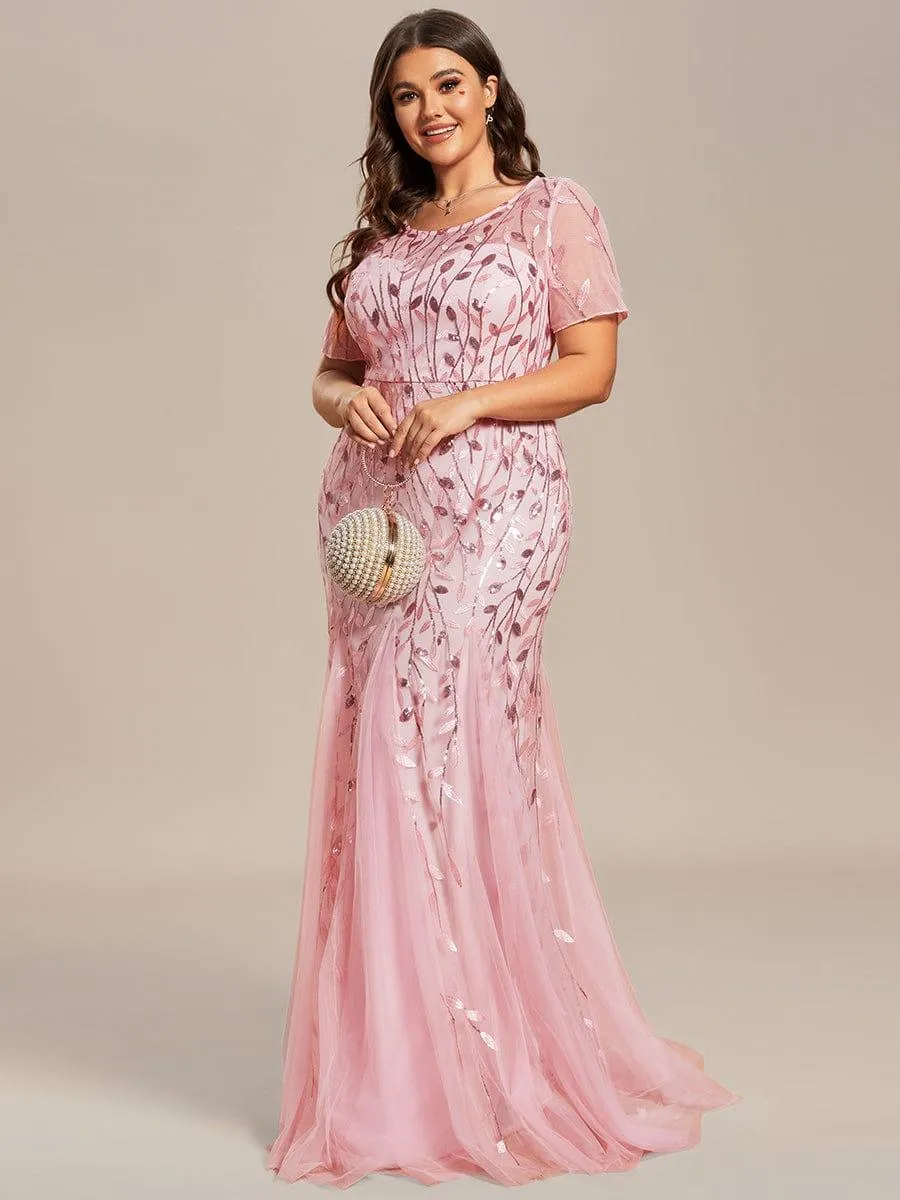 Robe Sirène Grande Taille en Tulle à Imprimé Floral et Paillettes