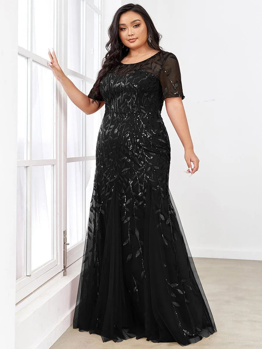 Robe Sirène Grande Taille en Tulle à Imprimé Floral et Paillettes