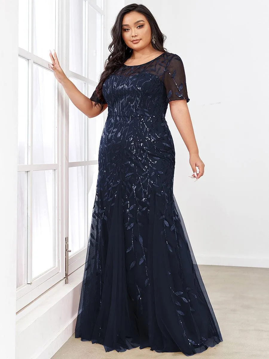 Robe Sirène Grande Taille en Tulle à Imprimé Floral et Paillettes