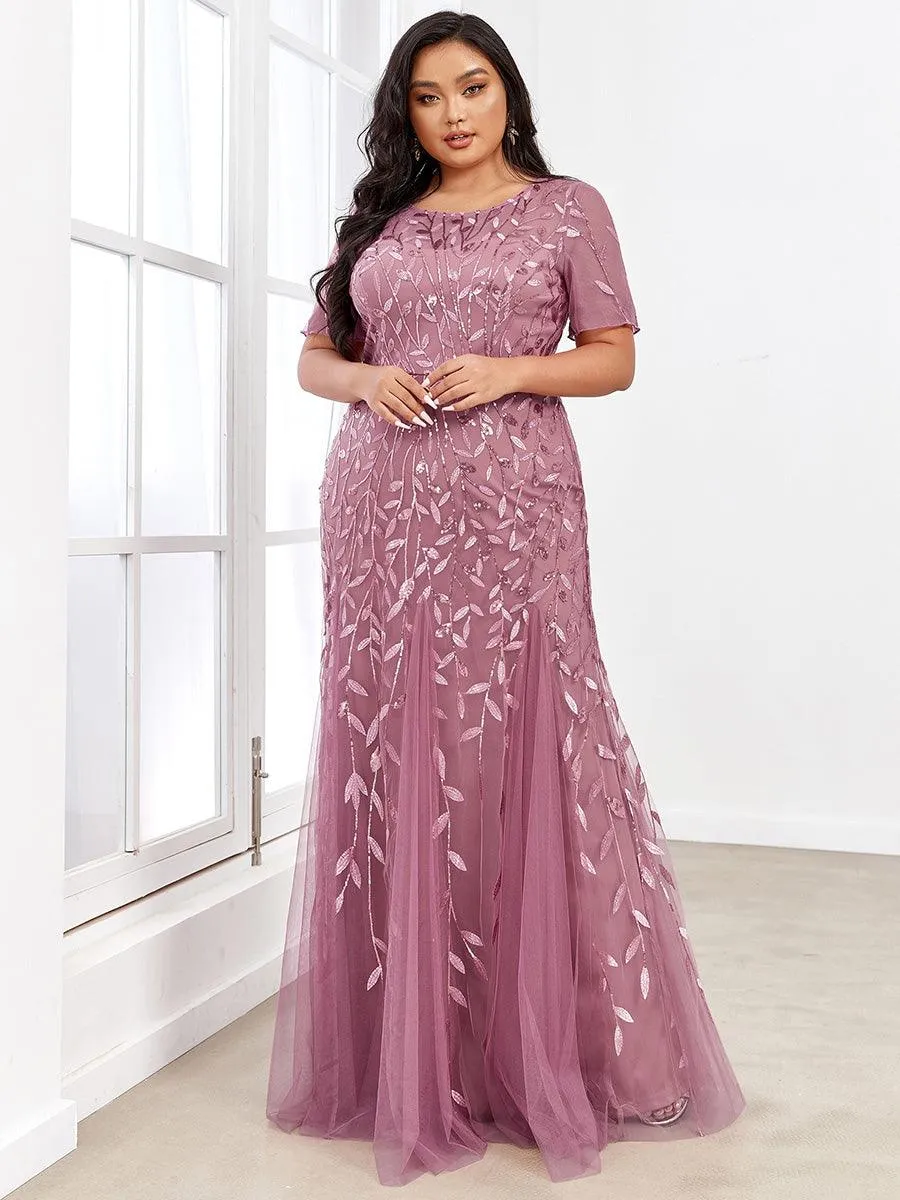 Robe Sirène Grande Taille en Tulle à Imprimé Floral et Paillettes