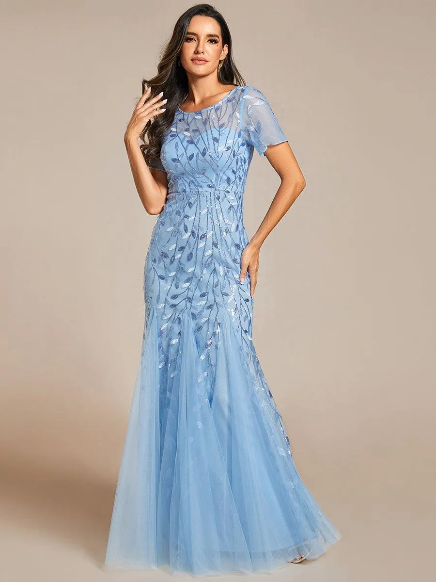 Robe Sirène Grande Taille en Tulle à Imprimé Floral et Paillettes